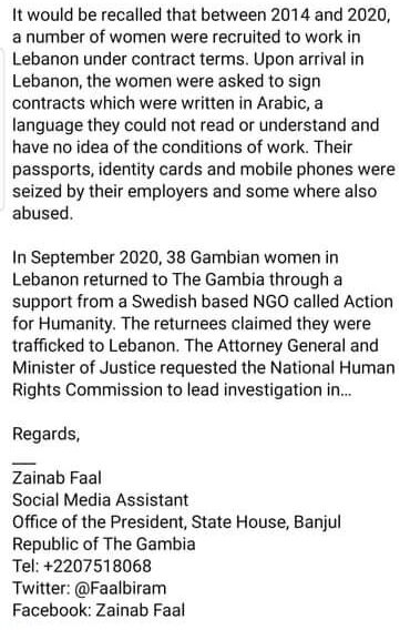 Statement from Gambian National Assembly thanking Lovette Jallow