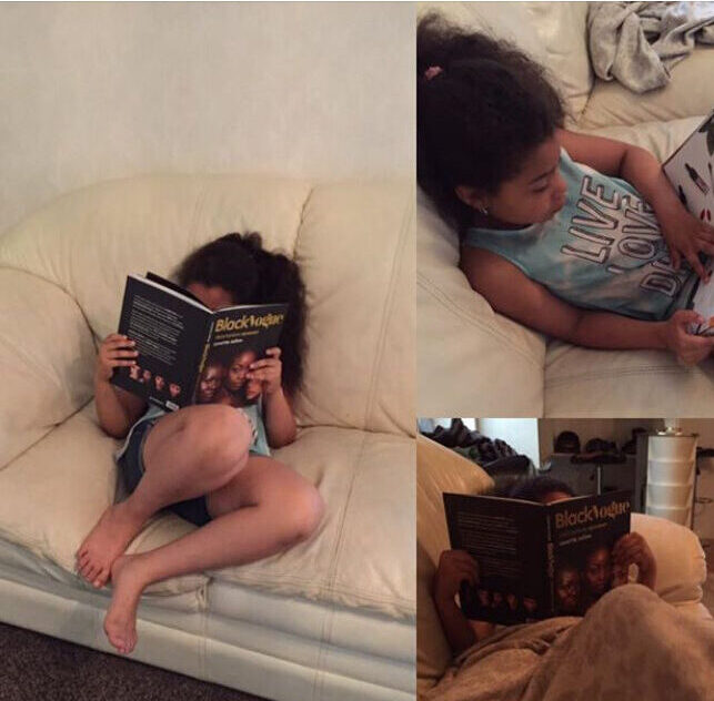 Young Black girl reading Black Vogue skönhetens Nyanser by Lovette Jallow